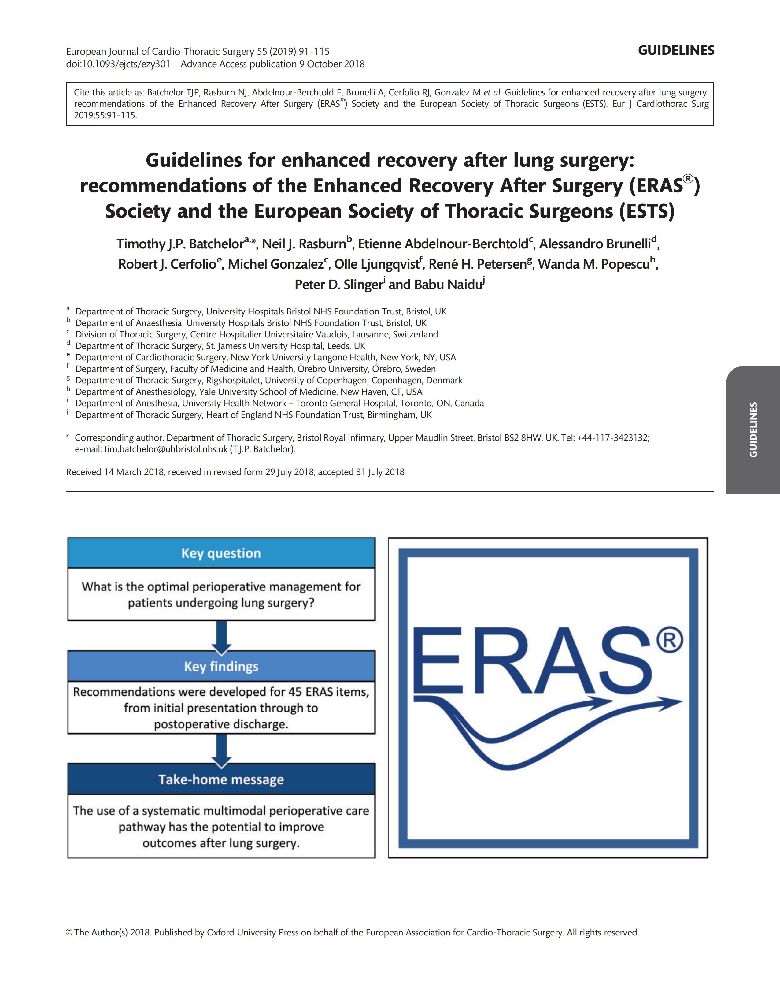 肺部手術(shù)后加速康復指南：加速康復外科 (ERAS ? ) 協(xié)會(huì )和歐洲胸外科醫師協(xié)會(huì ) (ESTS) 的建議